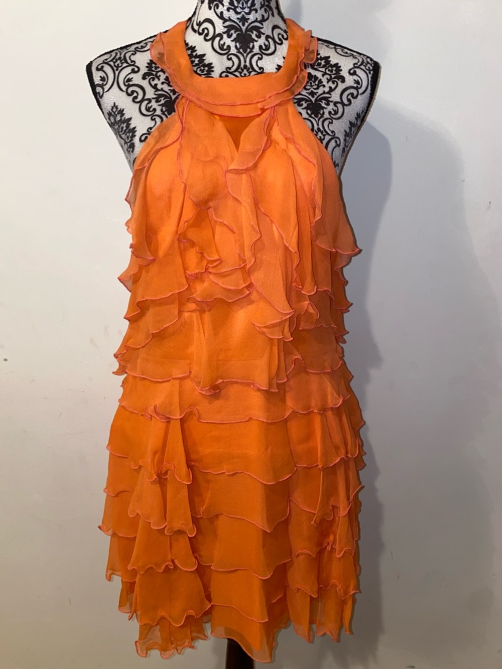Alice + Olivia Coral Silk Chiffon Tiered Ruffle Halter Mini Dress Size Large - Picture 2 of 15
